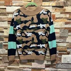 MSGM Camouflage Crewneck Sweater with Striped Sleeves